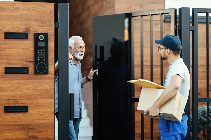 Door to door courier guy providing parcel to customer